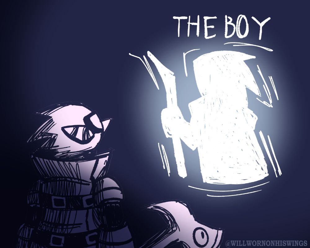 A drawing of Swap!Berdly looking up at a glowing still from The Prophecy depicting a vague silhouette, with "THE BOY" written above it.