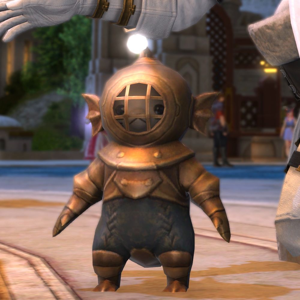 A grebuloff from Final Fantasy XIV. It looks like a diminutive otter-like creature wearing a Victorian brass diving suit.