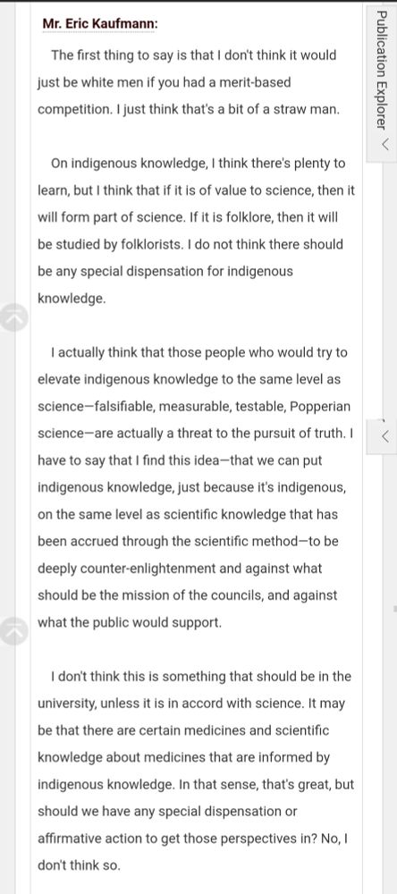 Long text quote where Kaufman talks about Indigenous knowledge being elevated to the level of science is a threat to the pursuit of truth.