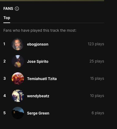 A listing of "fans who have played this track the most" with me at the top with 123 plays. The list has the top five, with five boasting 6 plays.