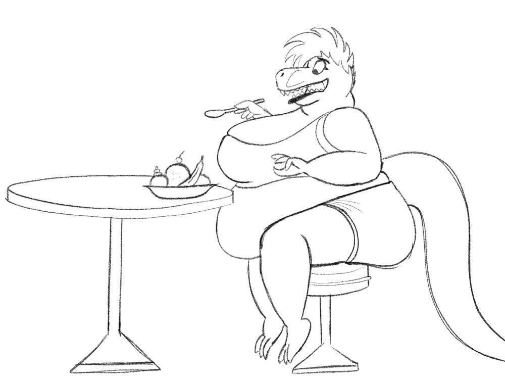 A chubby t-rex lady sitting on a barstool and enjoying an ice cream sundae. Spoon in hand, she looks excited to dig in!