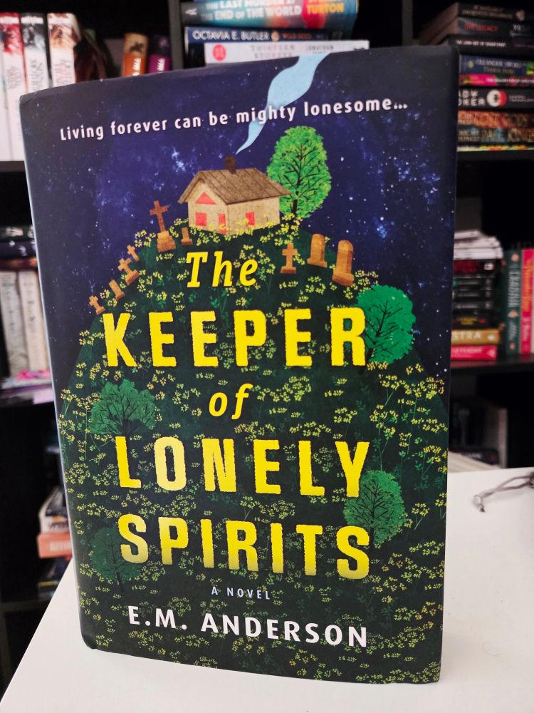 Hardback copy of E.M. Anderson's The Keeper of Lonely Spirits. Cover shows a cozy-looking home on top of a green, foresty hill against a night starry sky.