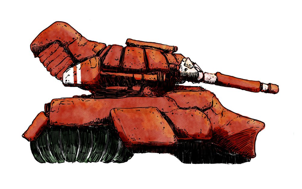 A red tank design inspired by Makoto Kobayashi - It has a green hovering pad at the back and somewhat pointed front armour similar to a medieval helmet
