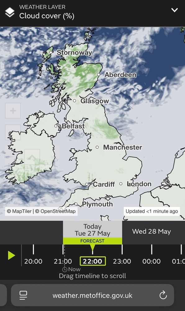 Cloud cover map of the UK, mostly covered 