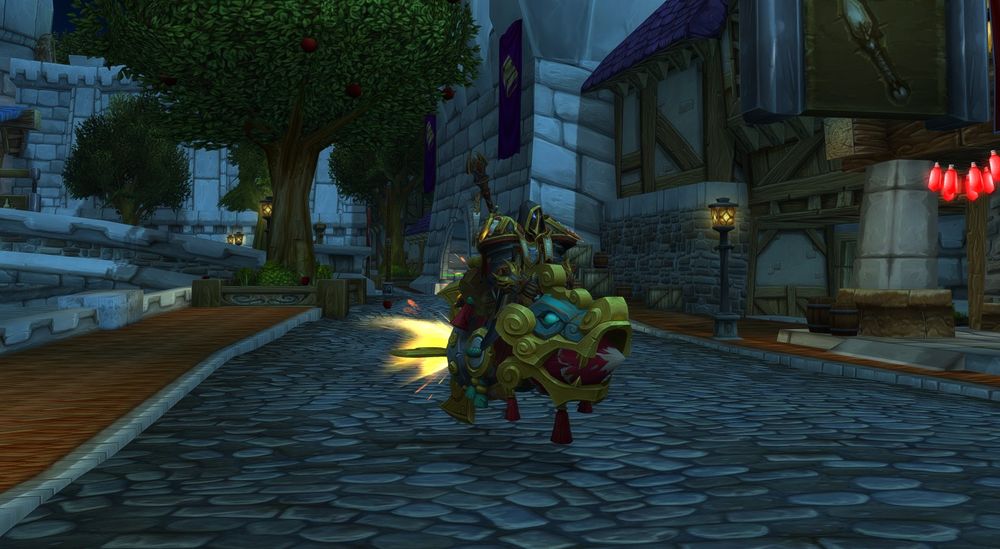 My character in World of Warcraft on a rocket-shaped mount