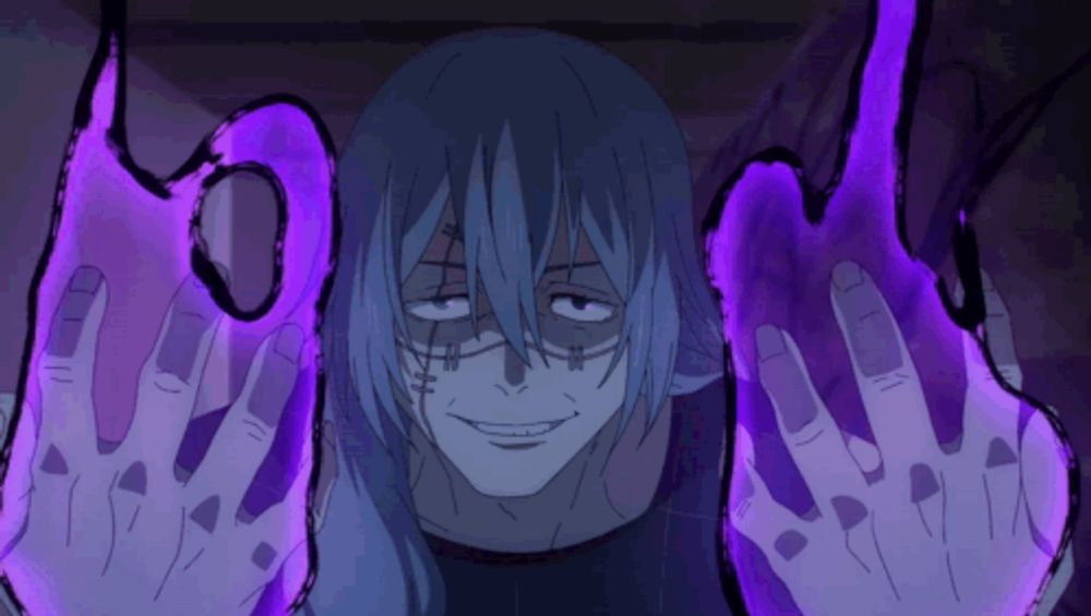 a blue haired anime character with purple glowing hands is smiling