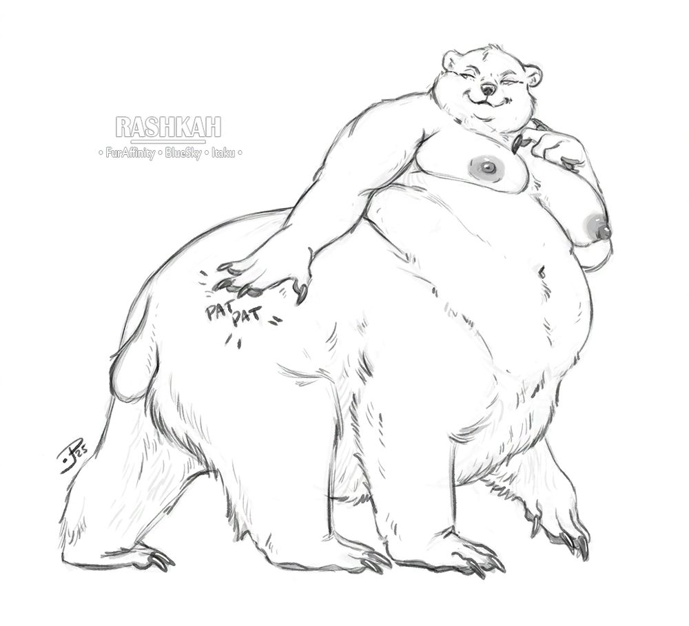huge polar bear lady patting her rump, she has a smug look to her face