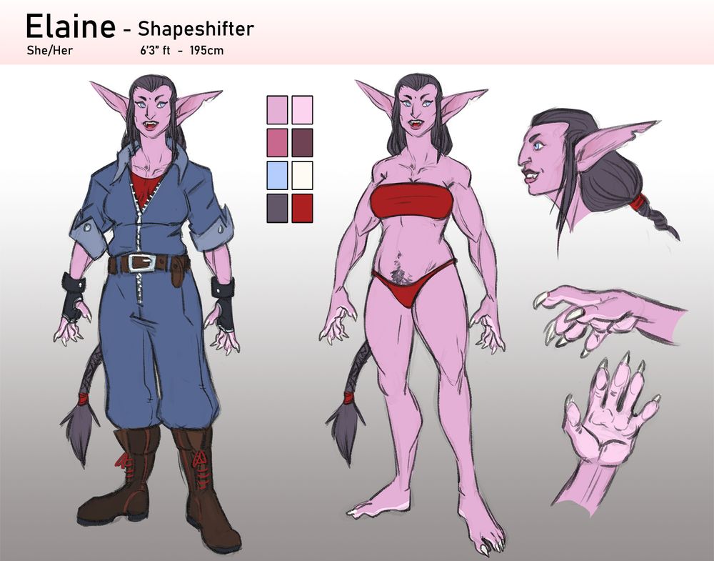 reference sheet of a pink skinned elf-like woman with really long hair, seen on the left wearing a blue coverall, brown boots and black fingerless gloves, and on the right with red underwear. On the left corner there's a profile and the detail of her hands.