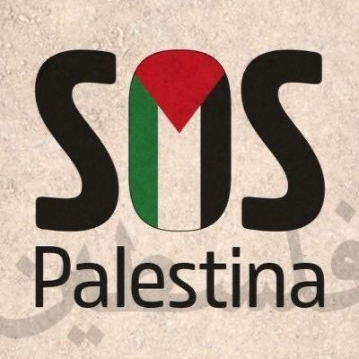 Sobre fondo beis -coma se for area-,en letras maiúsculas:SOS Palestina.
O o de SOS, leva por dentro, a bandeira palestina