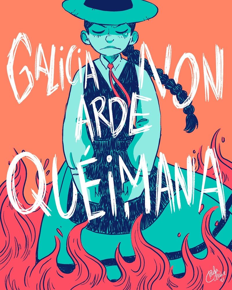 Cartaz: Debuxo sobre fondo laranxa. Rapaza,cun traxe tradicional galego,debuxada en cores verdes e azúl escuro, trenza longa,ao vento, cara moi triste, bágoas  nos ollos pechados, puños pechados sobre a saia, Arrodeada de lapas de cor vermello. Sobre o debuxo, en letras brancas, maiúsculas lenda:Galiza Non Arde,Queimana