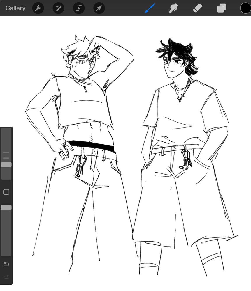 black and white digital sketch of atsumu on the left, flexing her bicep with her other hand on her hip. She is wearing a cropped tee with the sleeves cut off, and loose jeans with the elastic of her boxers showing. Her stomach is visible, with a trail of hair down her navel. Her hair is a shaggy mullet with the sides shaved off. She has several rings on her fingers and layered necklaces. She is making a kissy face at the viewer. Iwa-chan has her hands in the pockets of her jean shorts that go past her knees. She’s also wearing a loose t-shirt, long socks and layered necklaces. Her hair is also a shaggy mullet, and she her lip is lightly quicked in a smile. Both of them have carabiners attached to their belt loops. 