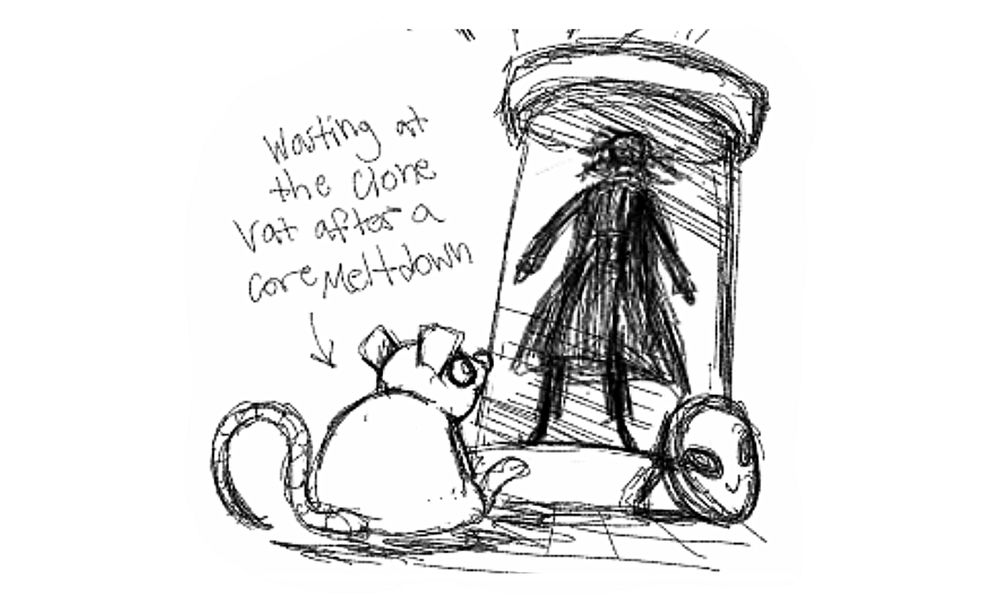 An arrow is pointed at Louie stating he's "Waiting at the clone vat after a core meltdown."