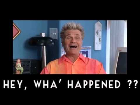 Fred Willard from A Mighty Wind, cracking himself by saying his catchphrase, “Hey, Wha’ Happened?”