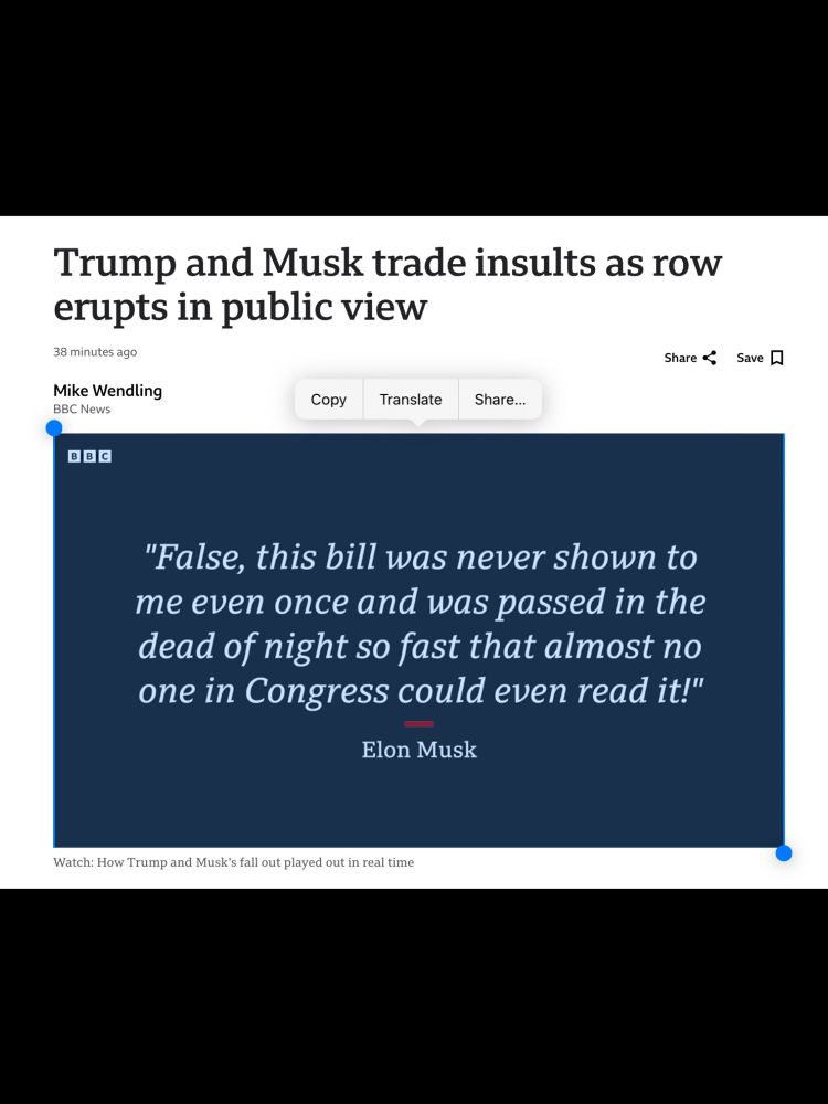 Screenshot from BBC news showing a quote from Elon Musk claiming “.. this bill was never shown to me…”