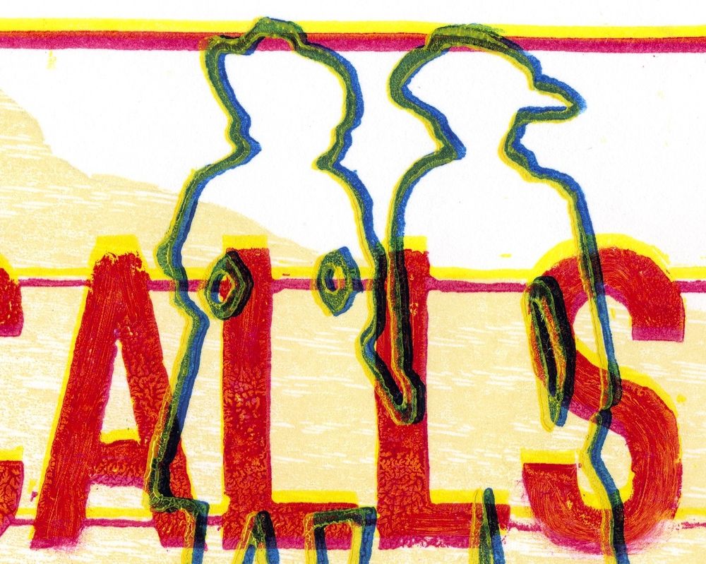 Detail from a small four color linoleum and wood block print (cyan, magenta, yellow, yellow-ochre) showing outline figures of kids in cowboy and cowgirl costume from a 1950s advertisement, a motel sign spelling out the word "AJAX" (after the cold war missile) in blue, and lettering in the style of a motel marquee spelling out "COLOR TV A/C" and "LOCAL CALLS" in red superimposed over a sillohuette of Monument Valley as a woodblock print in yellow.
