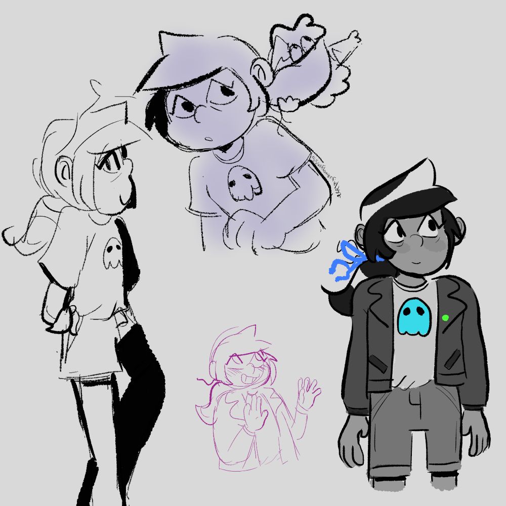 Four more doodles featuring Molly McGee. On the right she is colored in grayscale, with the exception of her hair tie, pin on the jacket and ghost on her shirt, which are colored blue, green and cyan respectively. On the top, her ponytail is being lifted up by Scratch. On the left she is shown from a side view smiling, while the other half is shaded. On the bottom, she is shown mildly embarrassed.