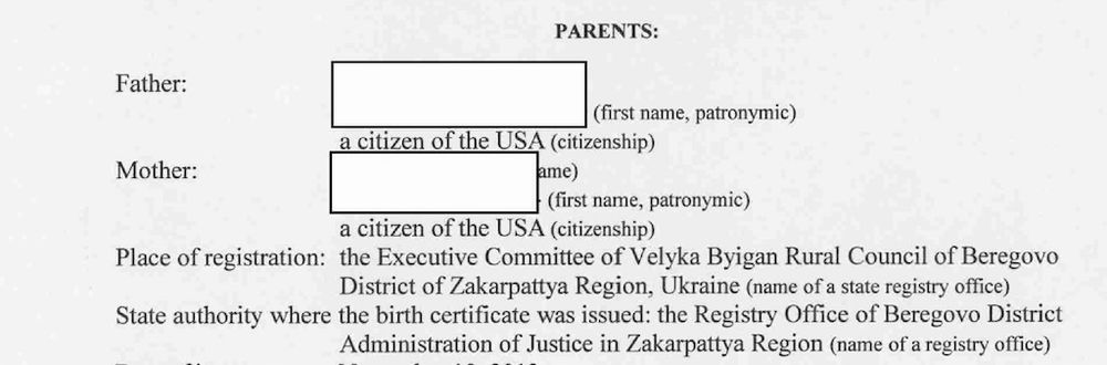 Screenshot of an official record involving an adoption. The title of the snippet is "PARENTS" and it lists below a Father and Mother, though the names of the Father and Mother have been redacted by the use of white opaque boxes. The adoption is from Ukraine and the adoptive parents are US citizens. 