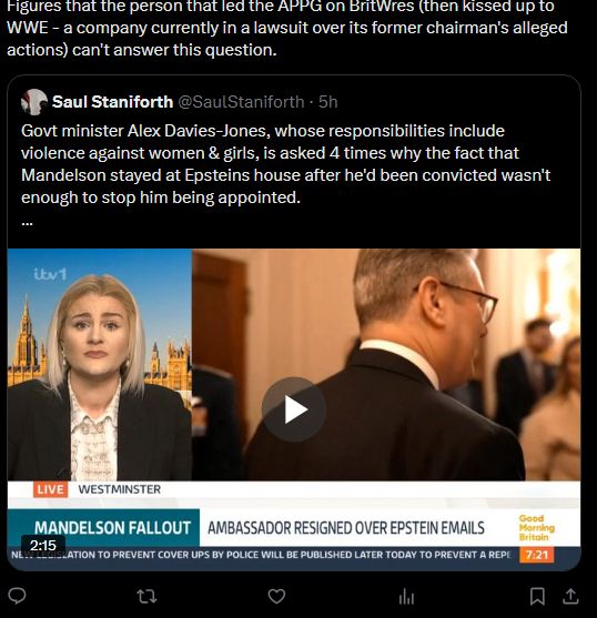 Crosspost from X - the retweet is a clip from Good Morning Britain in which Alex Davies-Jones fails to answer a q re Epstien and Mandelson links 4 times, above is my referencing to her leading an APPG on Wrestling post speaking Out..