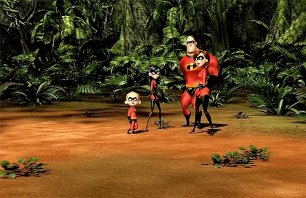 a group of cartoon characters are standing in a dirt field