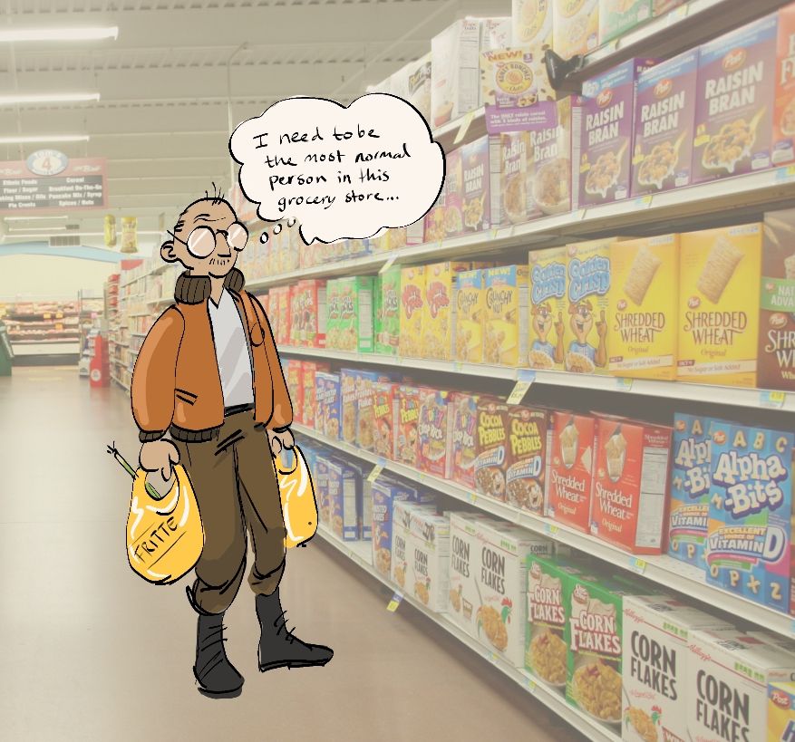 A digital drawing of Kim Kitsuragi holding two yellow Frittte grocery bags on top of a photo of a grocery store cereal aisle. He is thinking "I need to be the most normal person in this grocery store".