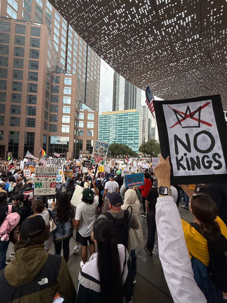 Crowd of protestors with signs at No Kings protest