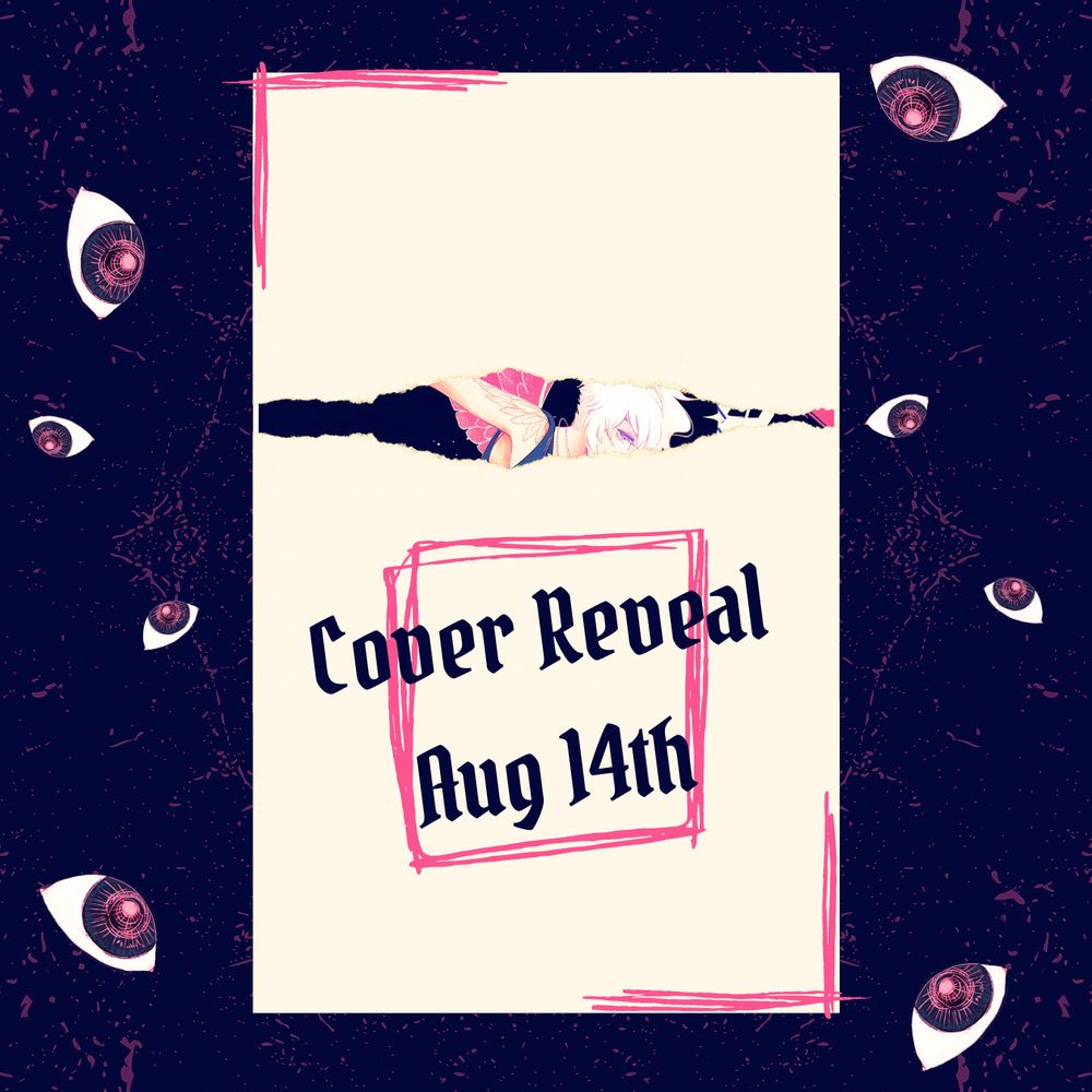 A cover reveal teaser image wherein the cover is hidden with ripped cream paper. You can see a young man in profile peeking between the rips and he has bright eyes and white hair. The text on the paper reads: "Cover Reveal Aug 14th".