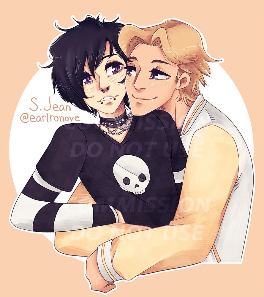 illustration of two young men. One has black hair, purple eyes, and has a septum piercing and snake bite piercings, and wears a black shirt over a black and white striped one. There is a skull on his shirt as well. The other one has blonde hair and gray eyes and is wearing a white and yellow letterman jacket. The blonde has his arms around the dark haired one, smiling, as he rests his chin on the other one's shoulder while the dark haired one looks more curious.