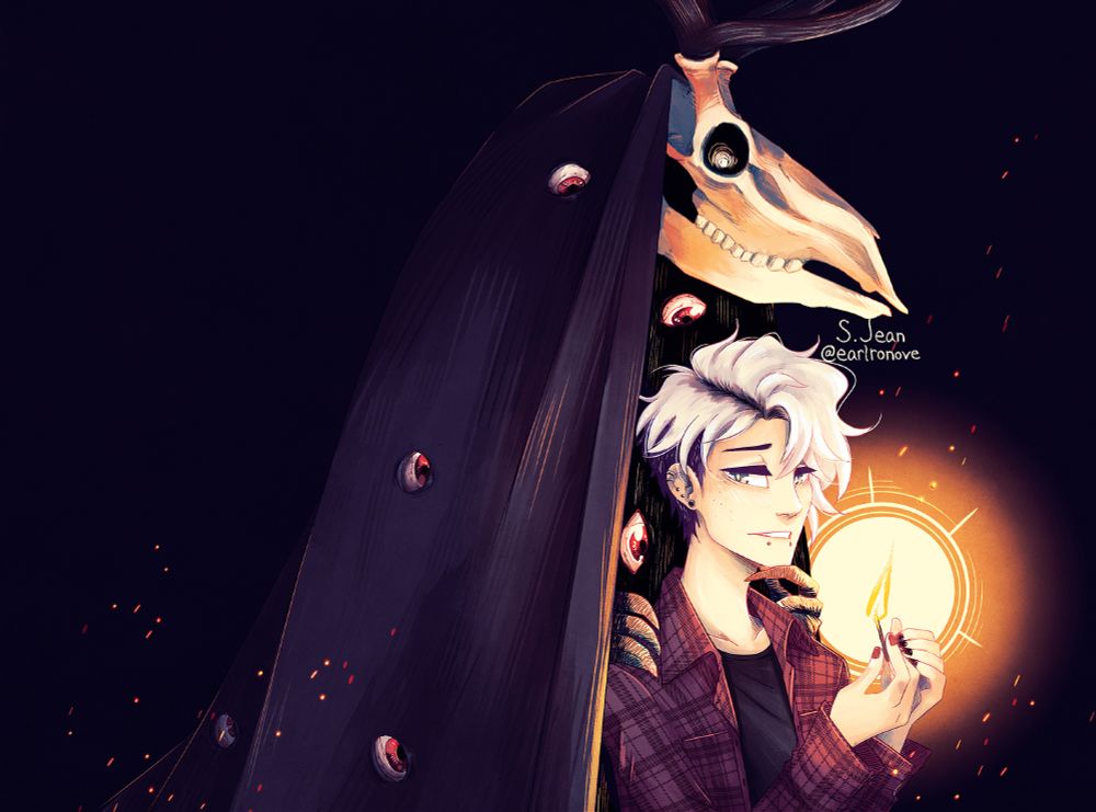 a cover spread illustration from The Devil in the Woods without the text. Felix stands toward the right side, lit match in his hand, and worriedly looks at the camera. Looming behind him is a figure with a not quite right elk skull and fingers made of roots touching Felix's chin and shoulder. In the figure's cloak are opened, bulbous eyes looking at Felix. Around them are fire embers, floating through the image. 