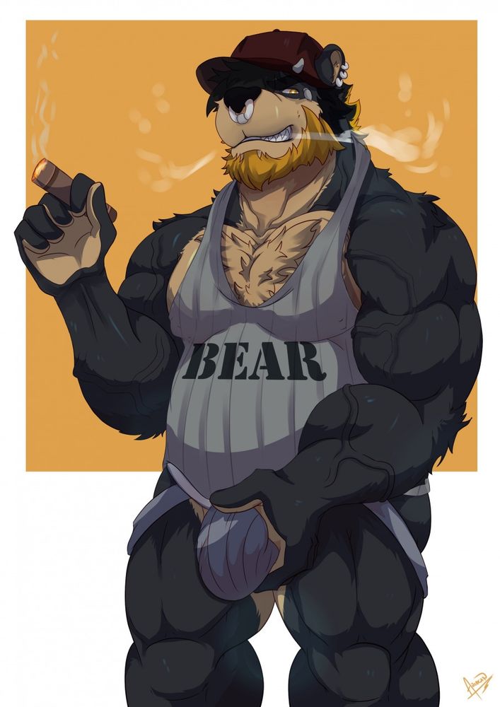 An Anthropomorphic black bear wearing a Jockstrap and Singlet that says Bear. He's smoking a cigar and looking off to the side fliratiously