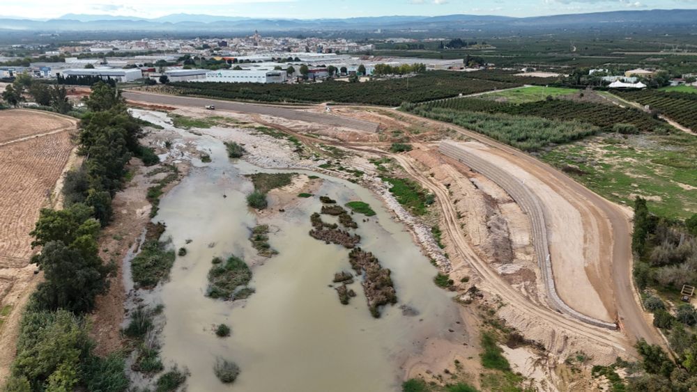 Vista aérea de la mota de protección del núcleo urbano de l'Alcudia, en el río Magro.