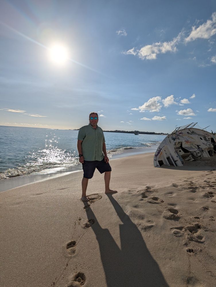 Joshua on a sandy beach, not yet the magic hour, but getting close!