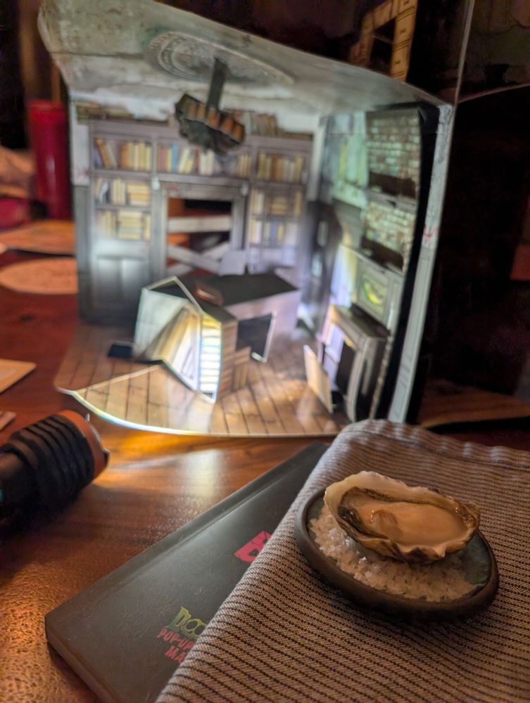Shucked oyster in foreground, flashlight shining on blurry 3D puzzle game in background. Spooky! 