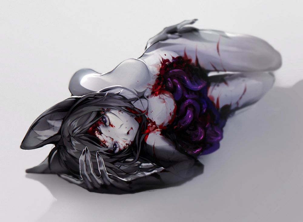 Gore art piece. Serval character laying on white background, with guts falling out 
