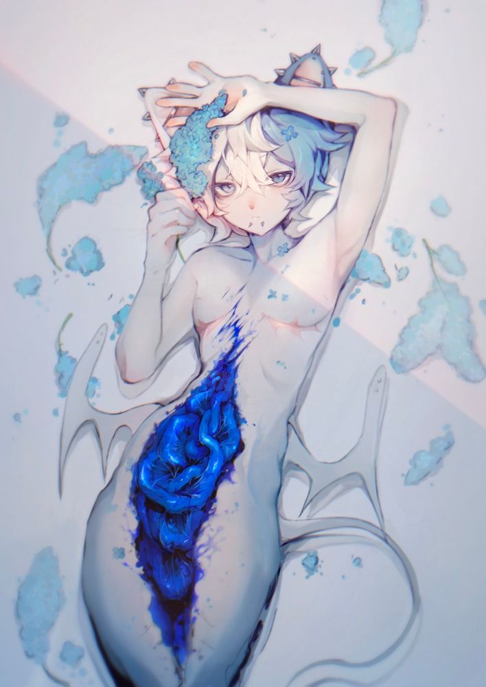 Sona laying on white background with guts out. Surrounded by clustered blue lilacs
