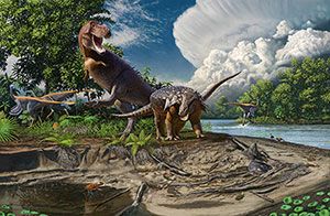 A tyrannosaurus rex stalking another dinosaur at a river bed.