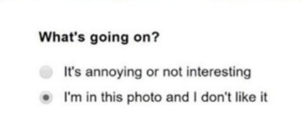 (meme) Screenshot of "report this image" options that show two radio button choices. The radio button group is titled "What's going on?" The first unselected option reads "it's annoying or not interesting" but the second selected option reads "I'm in this photo and I don't like it".