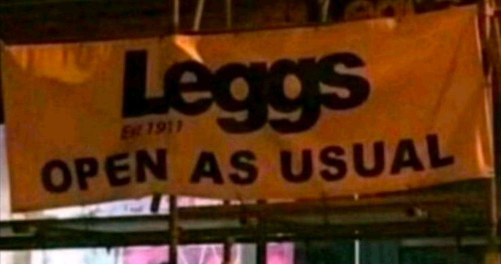 a banner that says leggs open as usual