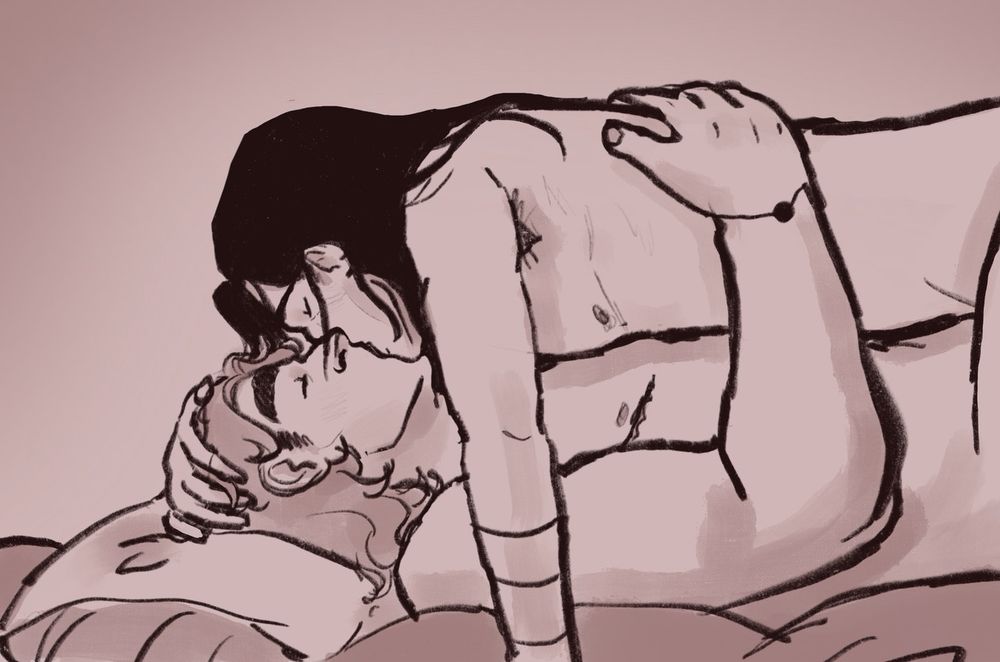 Sketch of Silco and Vander kissing. Both are fully nude. Vander is laying on his back with Silco on top of him. Silco’s left hand isn’t visible but his right hand is in Vander’s hair. Vander’s right hand is on Silco’s back and his thigh is on Silco’s hip. 