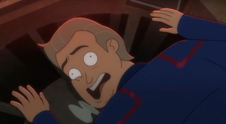 Gene Jakobowski from Lower Decks “passed out” on a console with his eyes open whilst drooling 