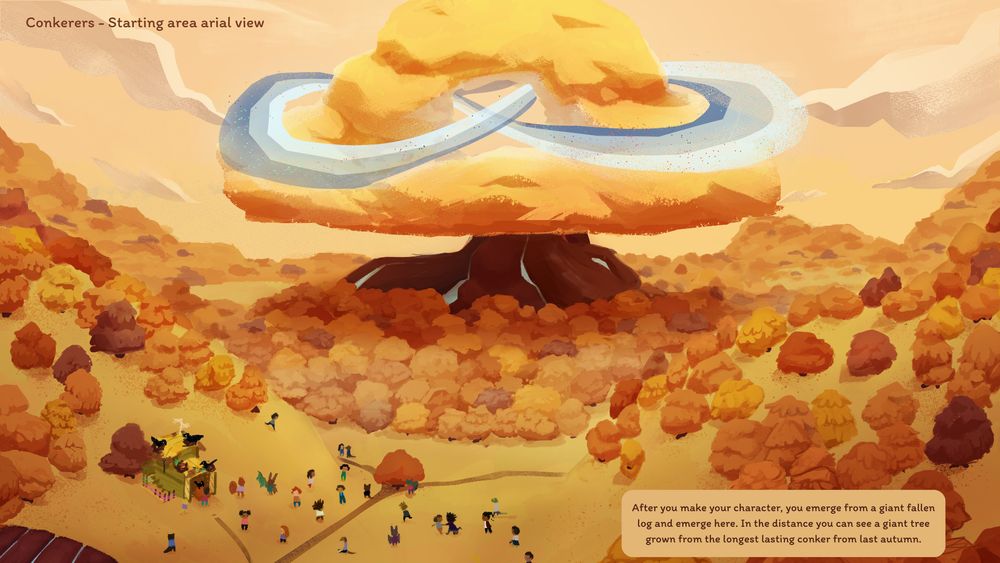 A painting of an orange forest with a large tree with blue planet rings 