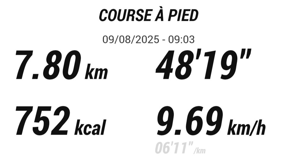Récapitulatif de course à pied. 7.80 km parcourus en 48 minutes et 19 secondes. 752 kcal, moyenne de 9.69km/h. 