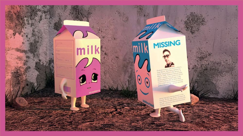 Deux briques de lait une rose, l'autre bleue qui s'apprêtent à se caliner.
Elles proviennent du clip de Blur qui a inspiré le titre de la soirée.