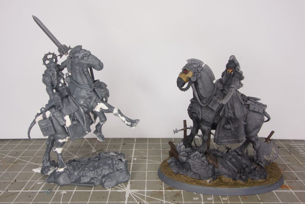 Two miniatures from Games Workshop for the game Warhammer 40k. On the right, the official model for Lord Marshall Dreir. On the left, my customized version of the same miniature. Both miniatures are shown from the front.