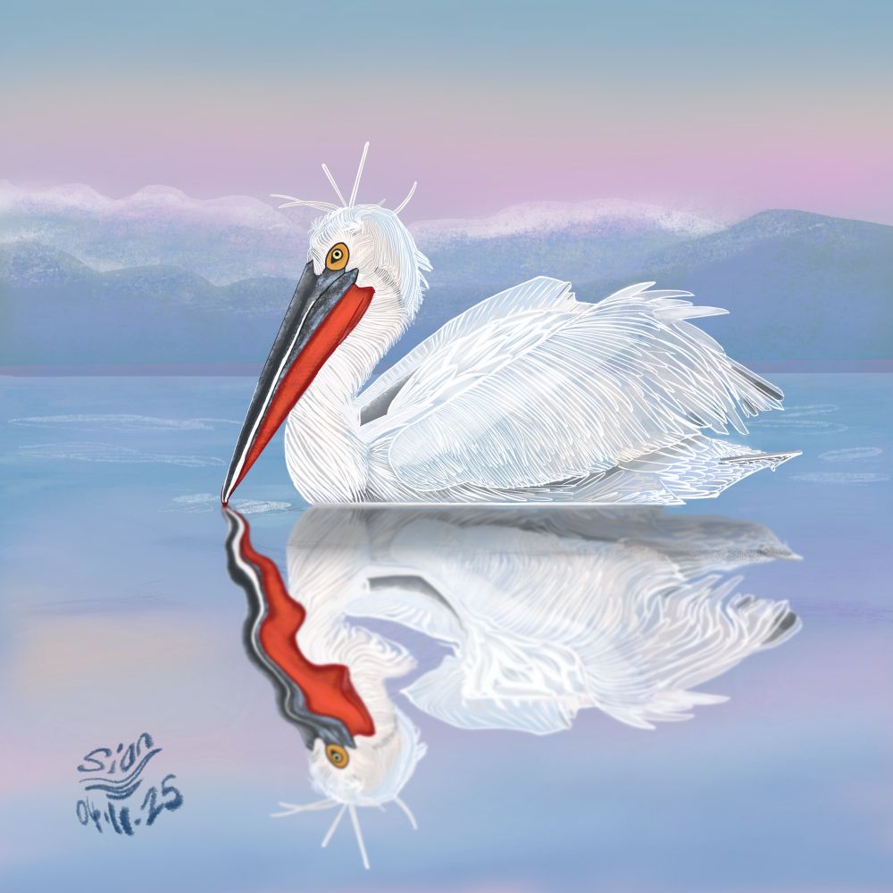 A Dalmatian pelican digital drawing. The  pelicans feathers are white with a grey, red and white striped beak. The reflection of it on the lake is slightly distorted. The lake is calm with mountains in the background. The sky is reflected on the lake and is a mixture of blues, oranges and pinks. 