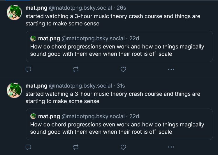 A screenshot of a quote repost by user matdotpng being posted twice in quick succession due to an internal server error on BlueSky.