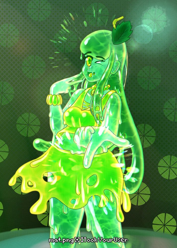 A digital illustration of a slime girl called Remi. Her body and clothes are a mixture of cool, dark mint greens and bright, lemon yellow-greens. She wears a mint leaf and straw as a hair accessory. she is winking at the viewer while making a peace sign with her right hand, and extending her hand and index finger towards the viewer.