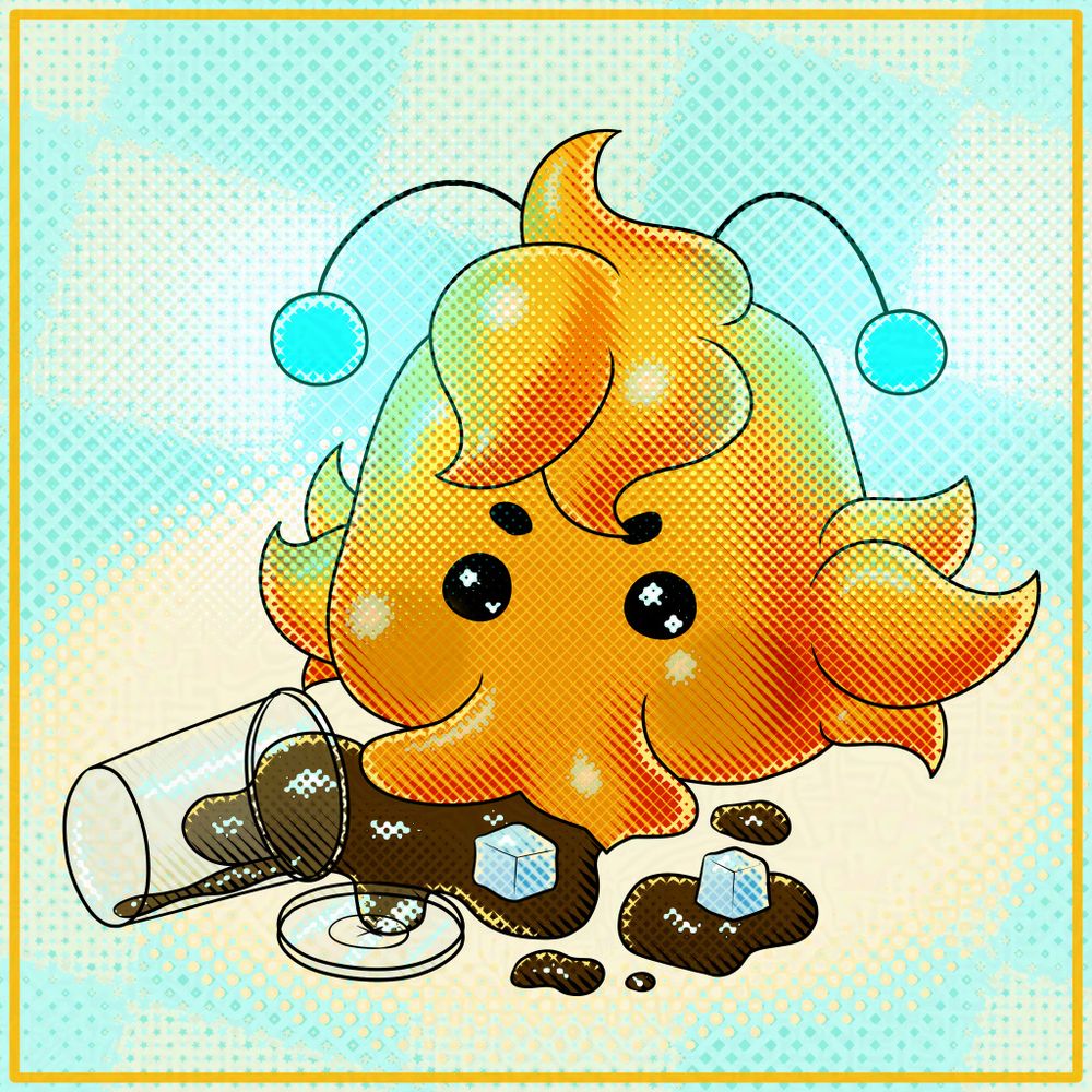 A digital illustration of an ArtFight participant's character named Qwek. Qwek is a hybrid between a chicken, anglerfish, and a blob slime, described as chaotic and stupid by their creator. In this illustration, Qwek is depicted excitedly slurping a spilled iced coffee from the ground in front of them.