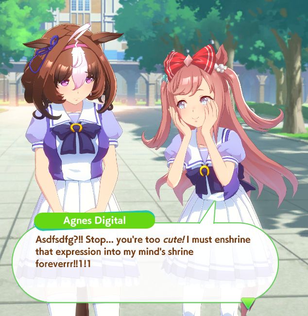 screenshot of umamusume: pretty derby of agnes digital talking to meishi doto. she says, "Asdfsdfg?!! Stop... you're too *cute!* I must enshrine that expression into my mind's shrine foreverrr!!1!1"