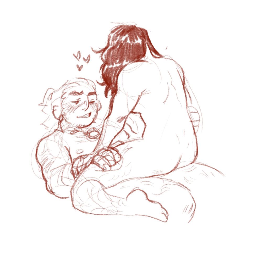rough sketch of a nude hawke sitting in varric’s lap
