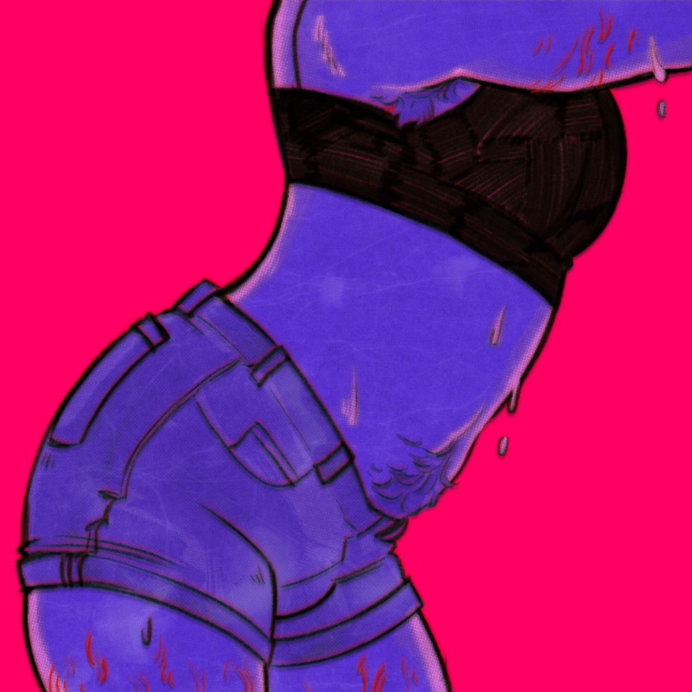 digital art of a persons torso shown in profile. They are wearing short shorts and a black bra and have visible armpit, leg, and tummy hair. They are colored purple on a bright magenta background